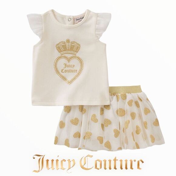 JUICY COUTURE | Ecru & Gold | TOP WITH GLITTER PRINT MESH SKIRT - Picture 1 of 3